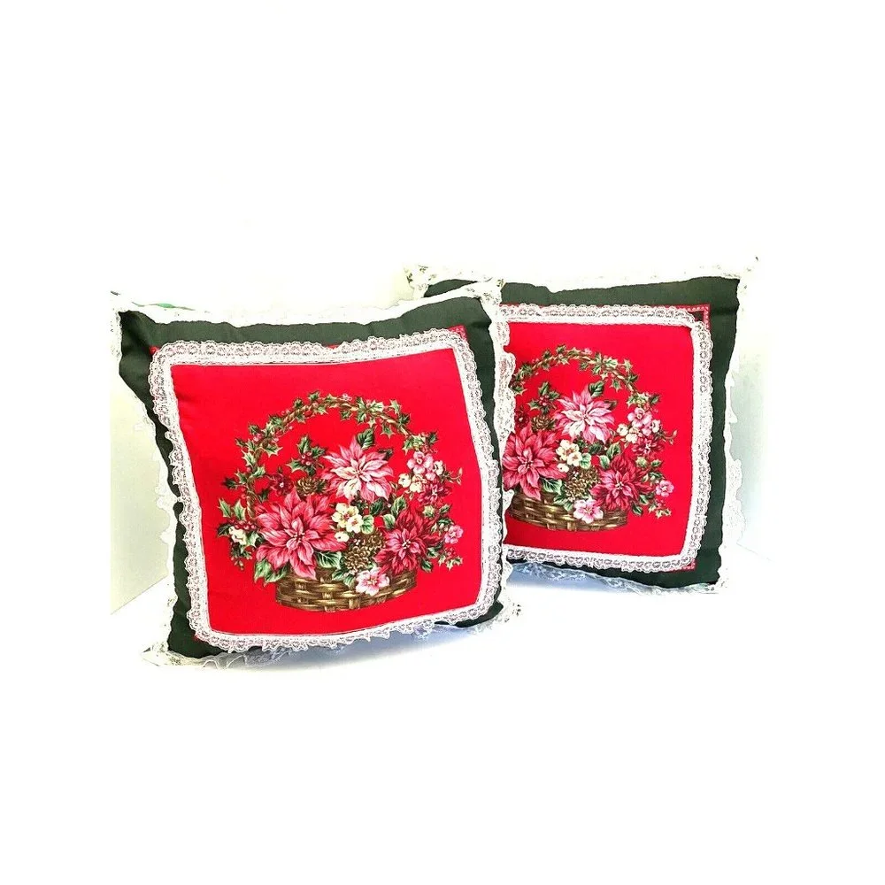 Vintage handmade Christmas throw pillows poinsettias trimmed in lace MCM Retro